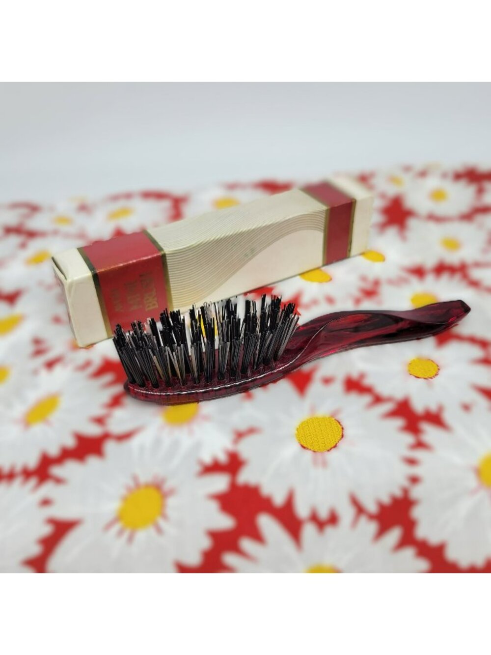 Avon Mini Brush Vintage Red Plastic Bristles Original Box Compact Hair Styler